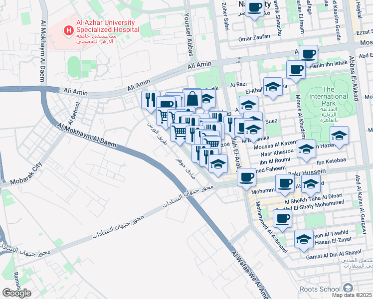 map of restaurants, bars, coffee shops, grocery stores, and more near Al Khalifa Al Zaher in Nasr City