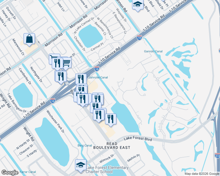 map of restaurants, bars, coffee shops, grocery stores, and more near 181 West Greenbrier Drive in New Orleans