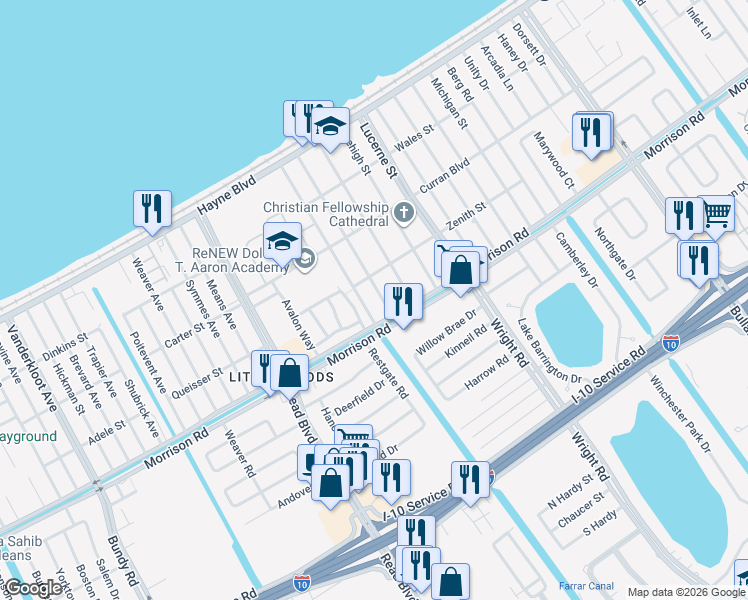 map of restaurants, bars, coffee shops, grocery stores, and more near 7543 Lady Gray Street in New Orleans