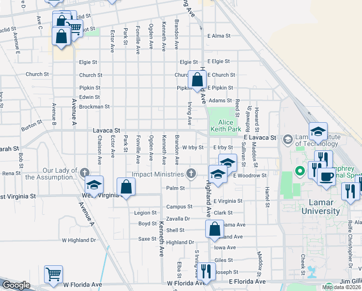 map of restaurants, bars, coffee shops, grocery stores, and more near 655 Lakner Street in Beaumont