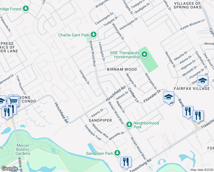 map of restaurants, bars, coffee shops, grocery stores, and more near 4322 Towergate Drive in Spring