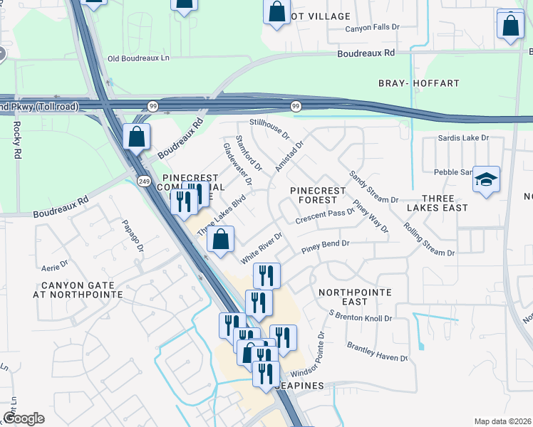 map of restaurants, bars, coffee shops, grocery stores, and more near 19315 Amistad Drive in Tomball