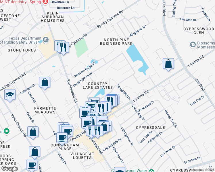 map of restaurants, bars, coffee shops, grocery stores, and more near 4518 Sorrell Glen Court in Spring
