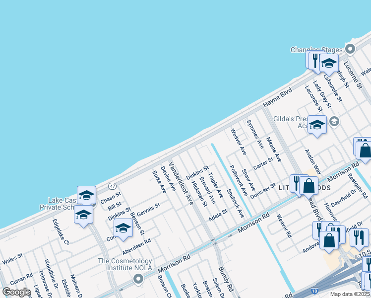 map of restaurants, bars, coffee shops, grocery stores, and more near Hayne Boulevard in New Orleans