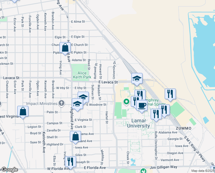 map of restaurants, bars, coffee shops, grocery stores, and more near 727 East Irby Street in Beaumont
