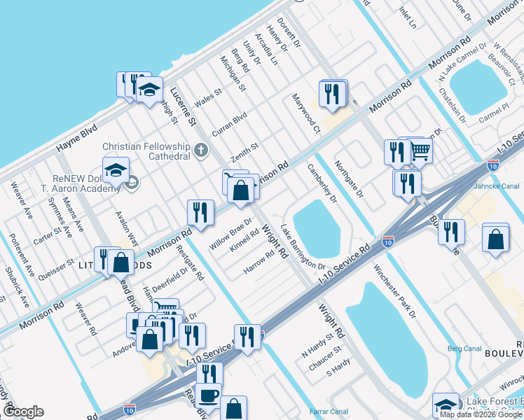 map of restaurants, bars, coffee shops, grocery stores, and more near 1110 Whiteside Road in New Orleans