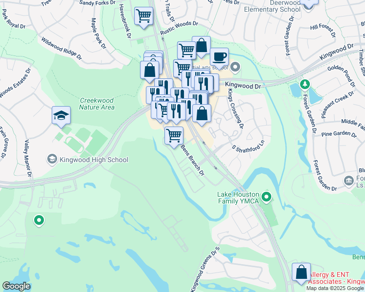 map of restaurants, bars, coffee shops, grocery stores, and more near 2827 Bens Branch Drive in Houston