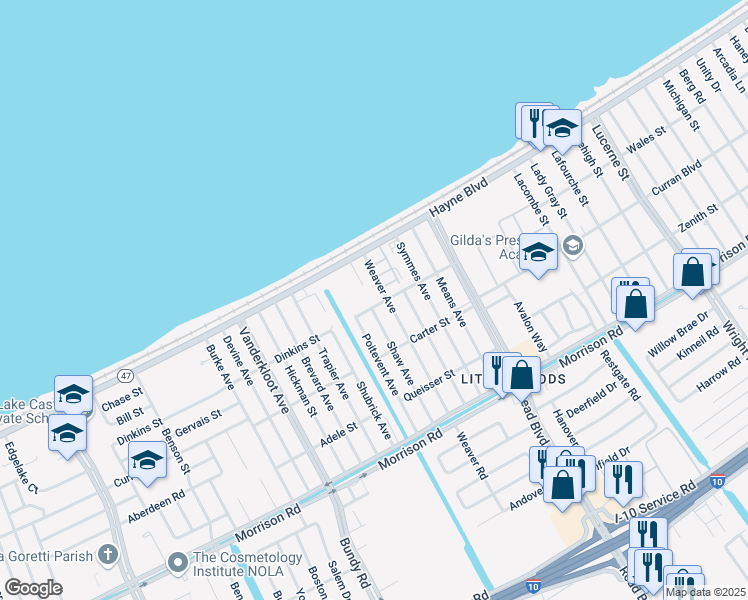 map of restaurants, bars, coffee shops, grocery stores, and more near 9663 Irby Street in New Orleans