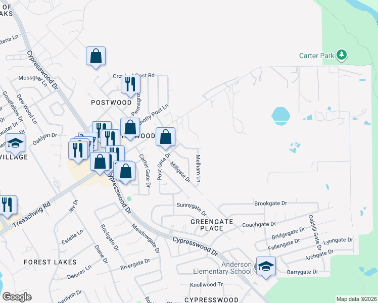 map of restaurants, bars, coffee shops, grocery stores, and more near 5806 Evening Shadows Lane in Spring