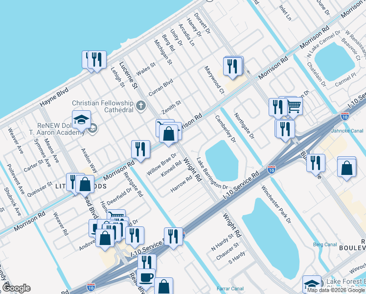 map of restaurants, bars, coffee shops, grocery stores, and more near 1110 Whiteside Road in New Orleans