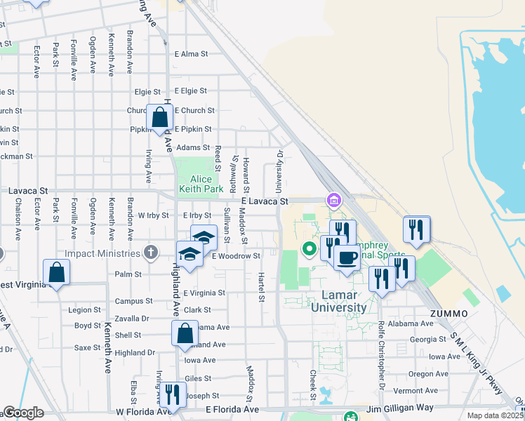 map of restaurants, bars, coffee shops, grocery stores, and more near 742 East Lavaca Street in Beaumont