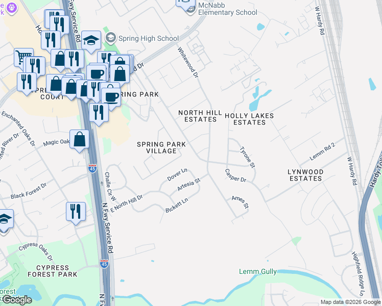 map of restaurants, bars, coffee shops, grocery stores, and more near 19231 Lockridge Drive in Spring