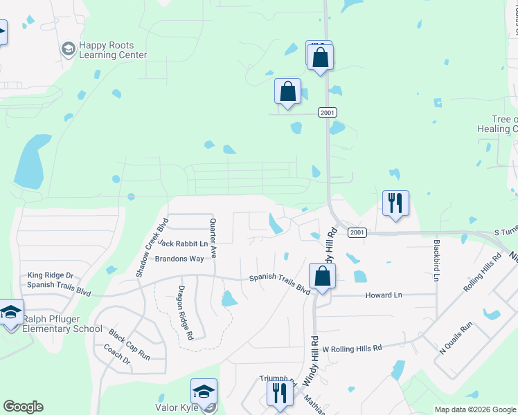 map of restaurants, bars, coffee shops, grocery stores, and more near 611 Jack Rabbit Lane in Buda