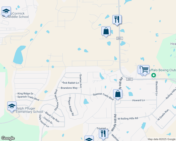 map of restaurants, bars, coffee shops, grocery stores, and more near 543 Jack Rabbit Lane in Buda