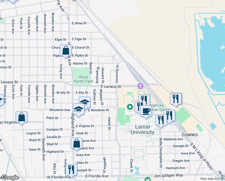 map of restaurants, bars, coffee shops, grocery stores, and more near 742 East Lavaca Street in Beaumont