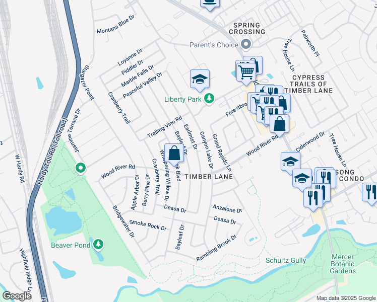map of restaurants, bars, coffee shops, grocery stores, and more near 23239 Earlmist Drive in Spring