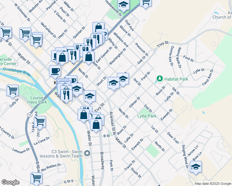 map of restaurants, bars, coffee shops, grocery stores, and more near 605 Tivy Street in Kerrville