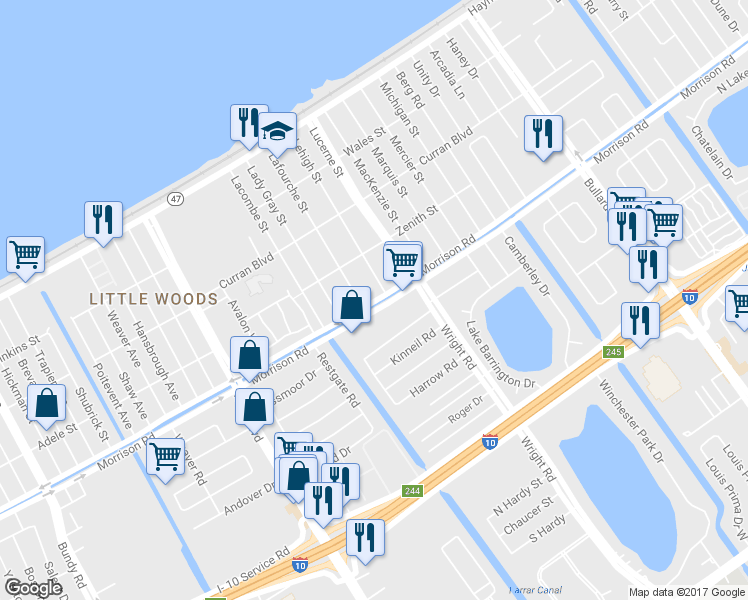 map of restaurants, bars, coffee shops, grocery stores, and more near 10917 Morrison Road in New Orleans