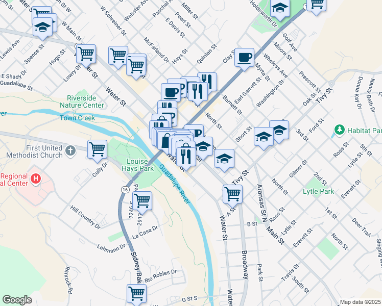 map of restaurants, bars, coffee shops, grocery stores, and more near 241 Earl Garrett Street in Kerrville