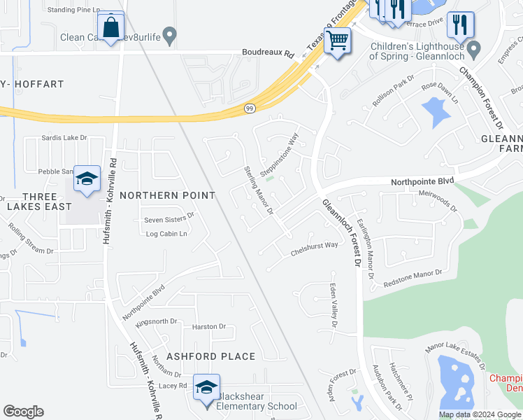 map of restaurants, bars, coffee shops, grocery stores, and more near 10510 Barnstable Court in Spring