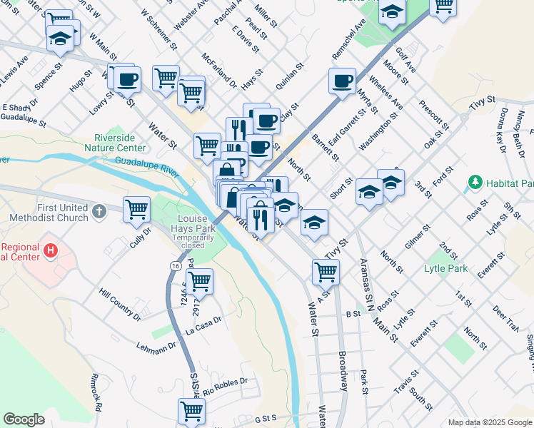 map of restaurants, bars, coffee shops, grocery stores, and more near 241 Earl Garrett Street in Kerrville
