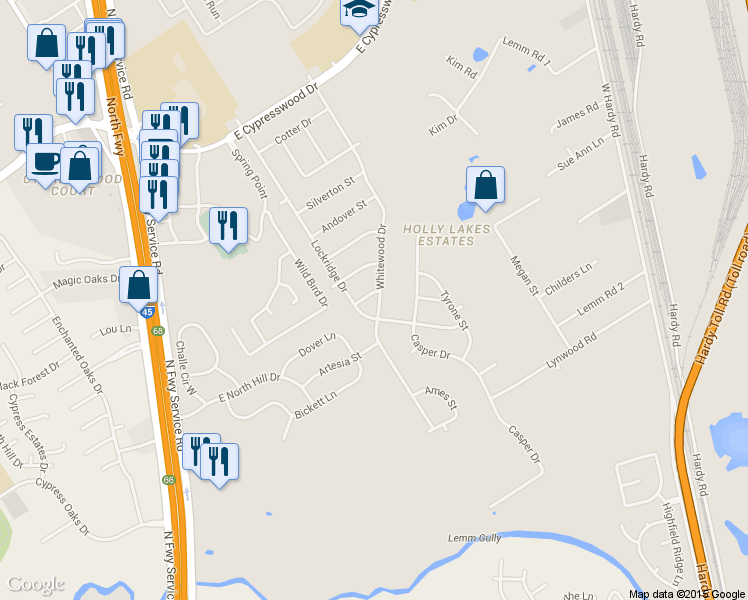 map of restaurants, bars, coffee shops, grocery stores, and more near 612 Twain Street in Spring