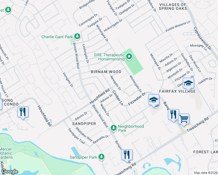 map of restaurants, bars, coffee shops, grocery stores, and more near 23402 Cimber Lane in Spring