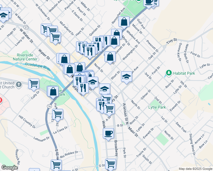map of restaurants, bars, coffee shops, grocery stores, and more near 912 Jefferson Street in Kerrville