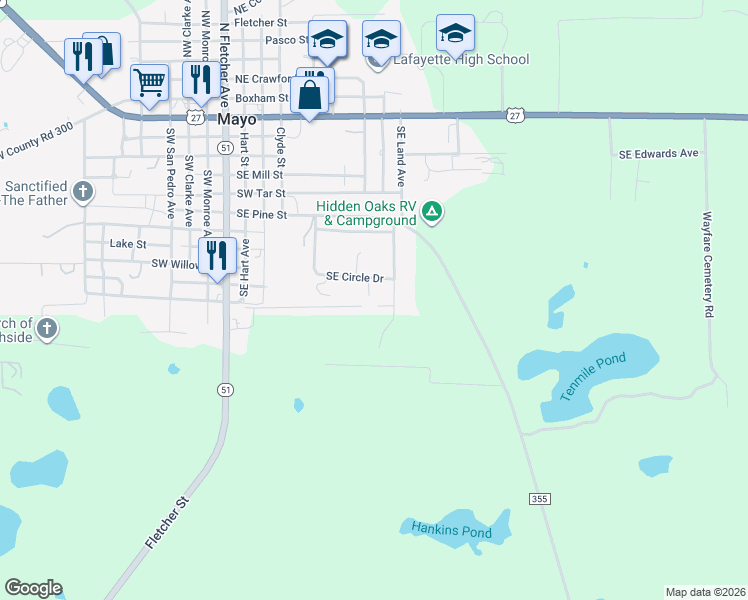map of restaurants, bars, coffee shops, grocery stores, and more near 384 Southeast Circle Drive in Mayo