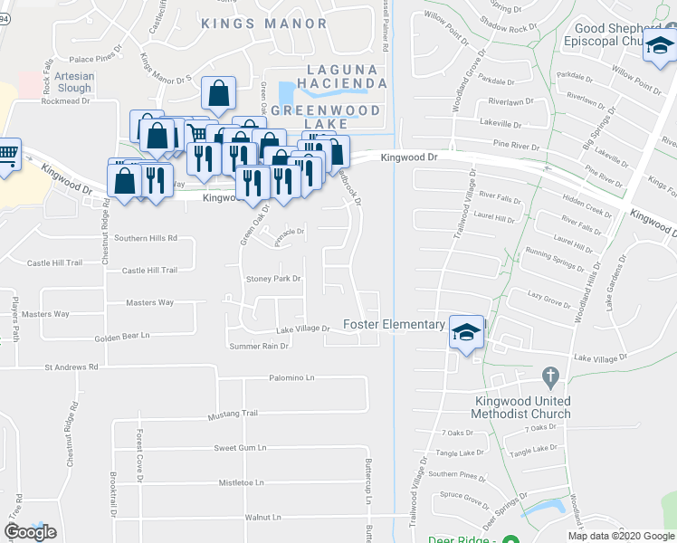 map of restaurants, bars, coffee shops, grocery stores, and more near 1714 Rustic Park Drive in Humble