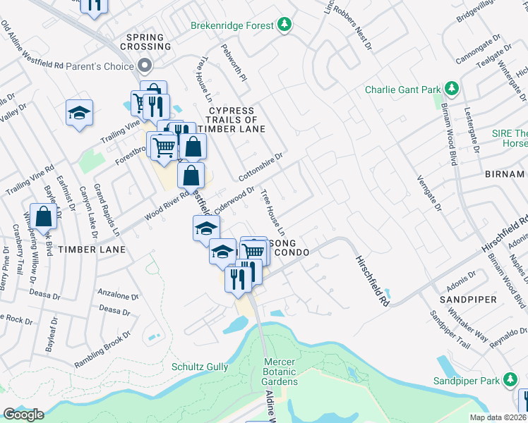 map of restaurants, bars, coffee shops, grocery stores, and more near 22819 Tree House Lane in Spring