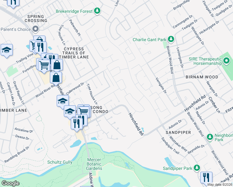 map of restaurants, bars, coffee shops, grocery stores, and more near 22714 Pebworth Place in Spring