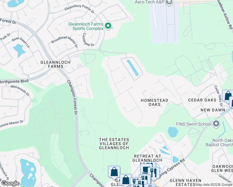 map of restaurants, bars, coffee shops, grocery stores, and more near 54 Compton Manor Drive in Spring