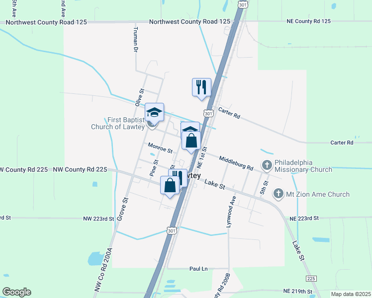 map of restaurants, bars, coffee shops, grocery stores, and more near 22703 Park Street in Lawtey