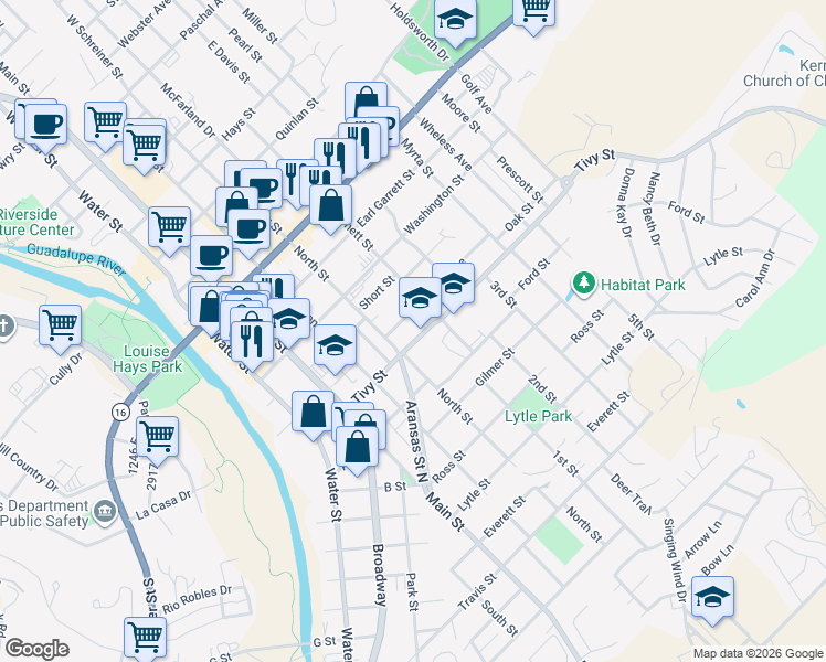 map of restaurants, bars, coffee shops, grocery stores, and more near 604 Tivy Street in Kerrville