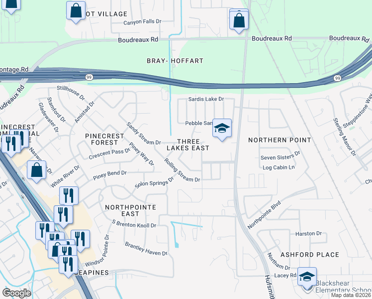 map of restaurants, bars, coffee shops, grocery stores, and more near 19530 Sandy Bank Drive in Tomball