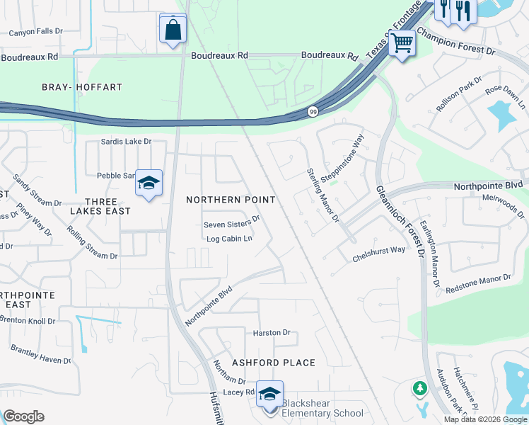 map of restaurants, bars, coffee shops, grocery stores, and more near 19506 Bold River Road in Tomball