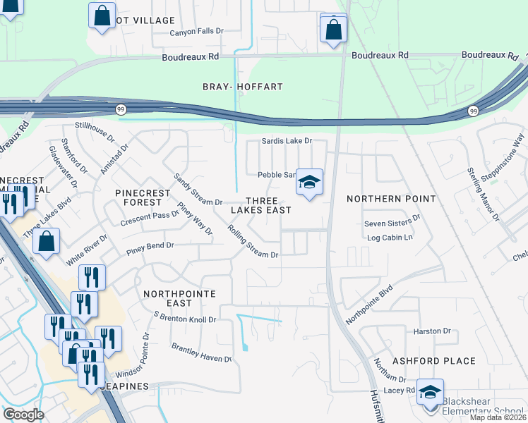 map of restaurants, bars, coffee shops, grocery stores, and more near 19531 Shady Bank Drive in Tomball