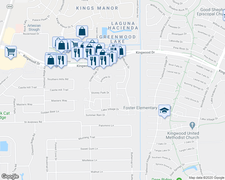 map of restaurants, bars, coffee shops, grocery stores, and more near 2126 Blossom Creek Drive in Humble
