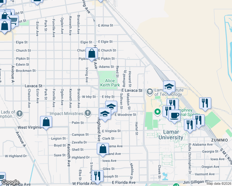 map of restaurants, bars, coffee shops, grocery stores, and more near 4135 Grandberry Avenue in Beaumont