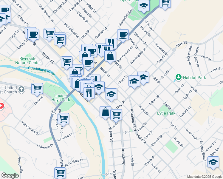 map of restaurants, bars, coffee shops, grocery stores, and more near 912 Jefferson Street in Kerrville