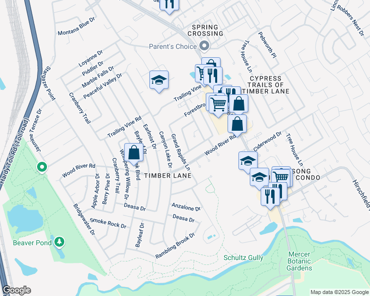 map of restaurants, bars, coffee shops, grocery stores, and more near 23207 Lone Wolf Trail in Spring