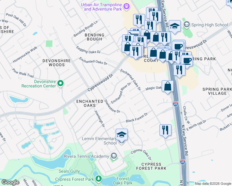 map of restaurants, bars, coffee shops, grocery stores, and more near 331 Enchanted Trail Drive in Spring