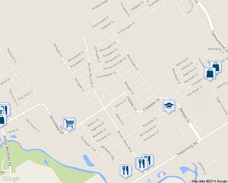 map of restaurants, bars, coffee shops, grocery stores, and more near 23419 Harpergate Drive in Spring