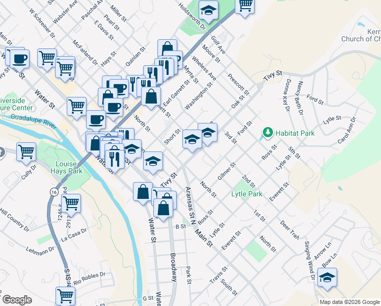 map of restaurants, bars, coffee shops, grocery stores, and more near 604 Tivy Street in Kerrville