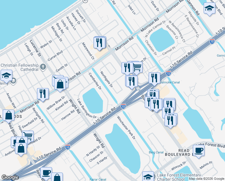 map of restaurants, bars, coffee shops, grocery stores, and more near 7118 Northgate Drive in New Orleans