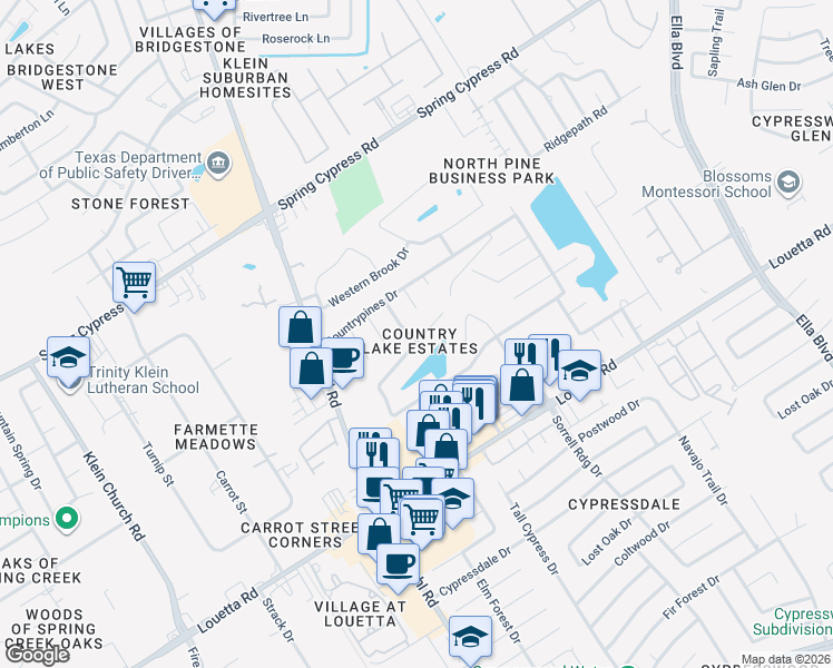 map of restaurants, bars, coffee shops, grocery stores, and more near 4530 Countrymeadows Drive in Spring