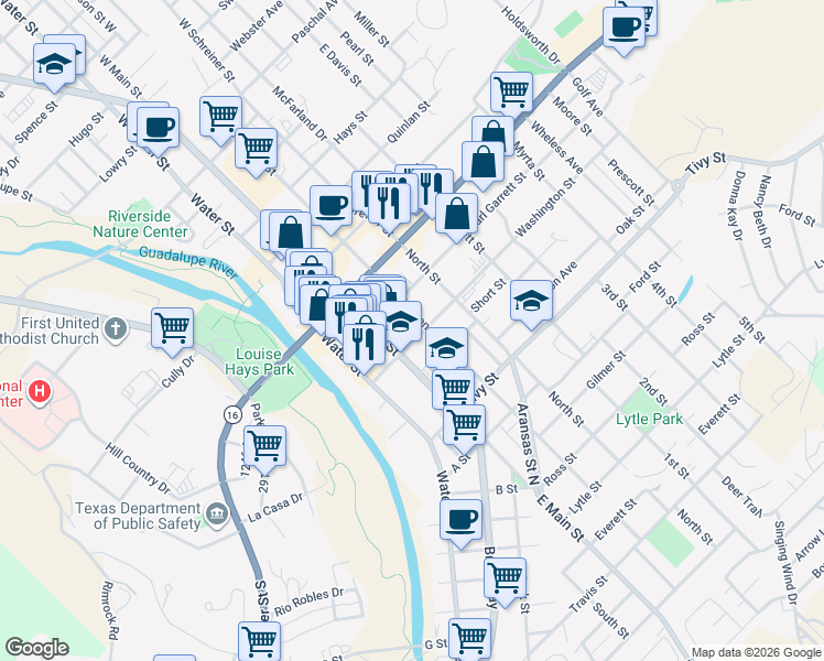 map of restaurants, bars, coffee shops, grocery stores, and more near 829 Jefferson Street in Kerrville
