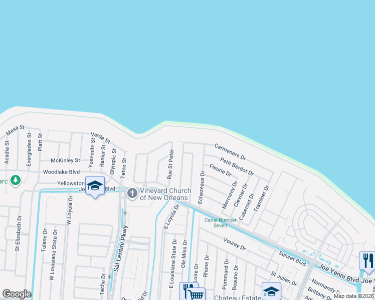 map of restaurants, bars, coffee shops, grocery stores, and more near 43 Rhine Drive in Kenner