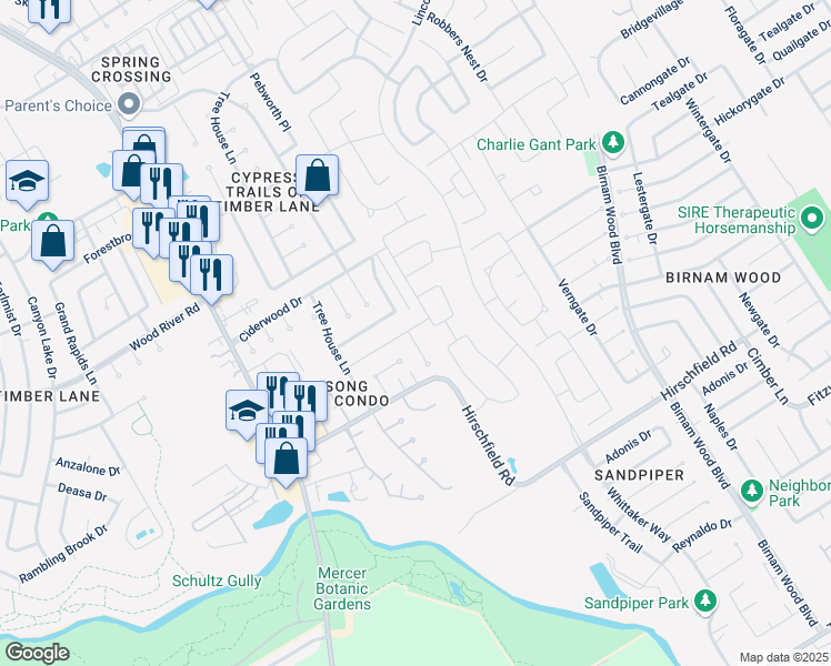 map of restaurants, bars, coffee shops, grocery stores, and more near 3223 Pine Dust Lane in Spring